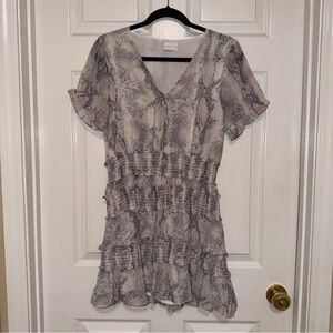 Karlie Snake-Print Ruffle Dress in Gray, Ivory, and Blush
